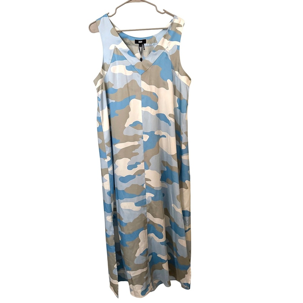 DKNY Womens Blue Camo V-Neck Sleeveless Maxi Dress P1KBVFZK Size L
